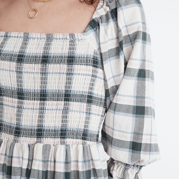 Madewell Lucie Elbow-Sleeve Smocked Mini Dress in Lebaum Plaid Size M - Picture 7 of 16